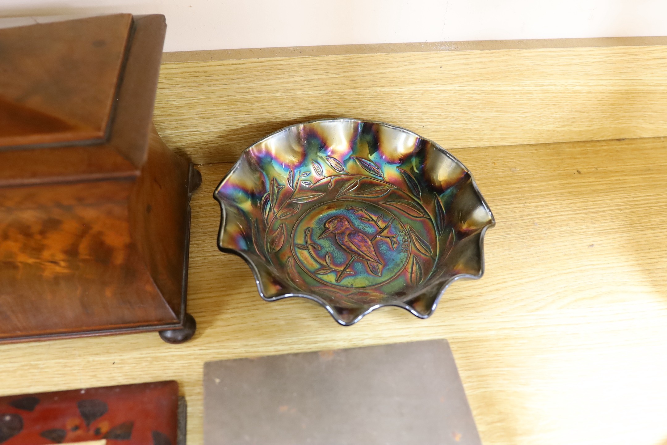 A mahogany veneered sarcophagus shaped tea caddy, a Japanese lacquer album, together miscellaneous ceramics glass etc, tea caddy 36 cms wide x 23 cms high